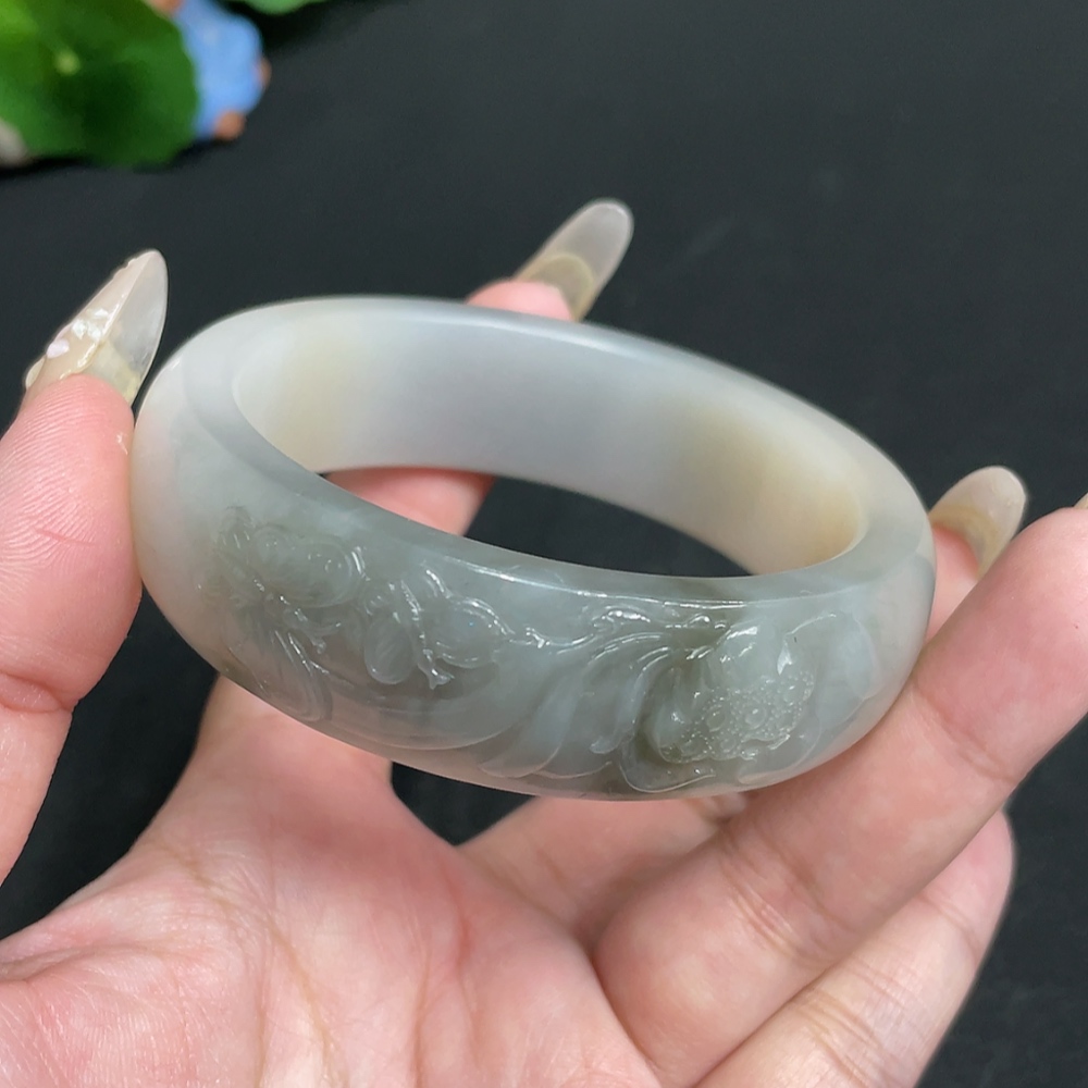H28244193 Hetian Jade Round Bracelet - Prosperity in Full Bloom - Inner Diameter 59.3 - Total Weight Approx. 91.6g