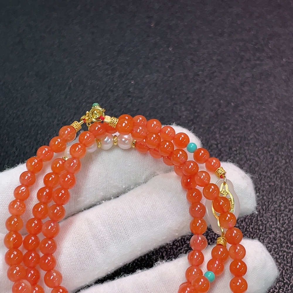 C34037882 South Red Agate Bead Necklace with Visible Organic Matter, Non-Natural Accent Stones, Paired with Pearls and Hetian Jade, Non-Gold, Total Weight Approximately 19.03g, Bead Size About 4.7mm