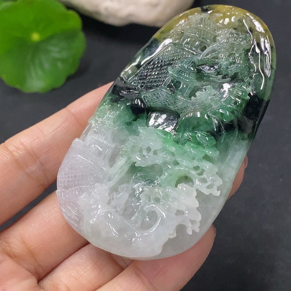F35140161 Jadeite Pendant Landscape Plaque Total Weight Approx. 54.96g with Non-Grade A Beads