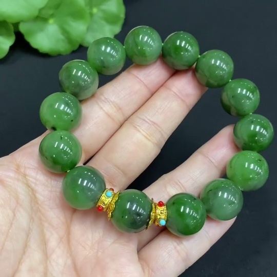 H34014627 Hetian Jade Green Jade Bracelet Approx. 14mm Non-Gold-Inlaid Total Weight About 63g