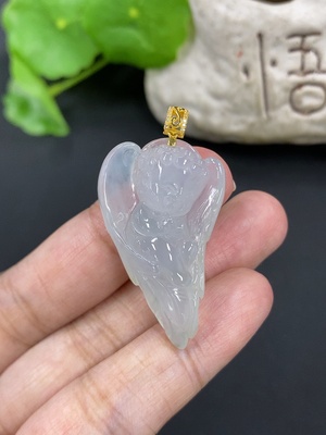 F46597490 翡翠小天使挂件  18k金扣头 配镶钻石 货品总重约8.56g