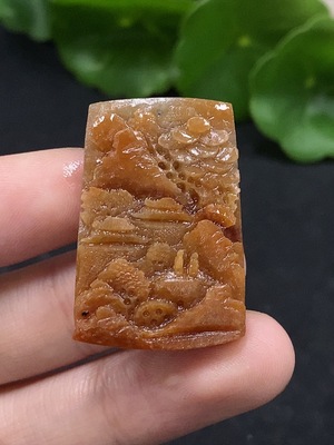 F34029201 Jadeite Unpolished Pendant Landscape Plaque Total Weight Approx. 9.89g Yellow Part Color Origin Undetermined