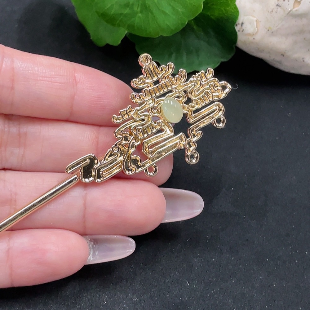 F35128262 Jadeite Inlaid Hairpin Total Weight Approx. 9.5g (Non-Gold Inlaid)