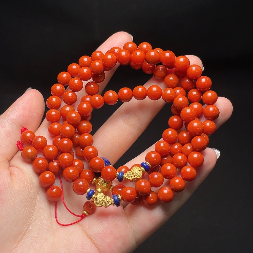 C34988370 South Red Agate Bead Necklace, Organic Inclusions Visible, Mounting Stones May Not Be Natural, Non-Metal, Total Weight Approx. 59.5g, Bead Size ~7.2mm