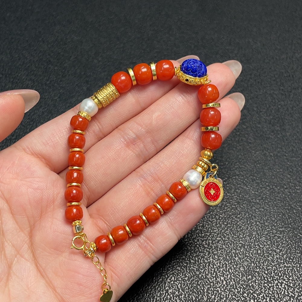 C34951510 South Red Agate Bracelet with Visible Organic Matter, Total Weight Approx. 17.37g, Bead Size 5.8-7.5mm, Paired with Pearls, Non-Gold