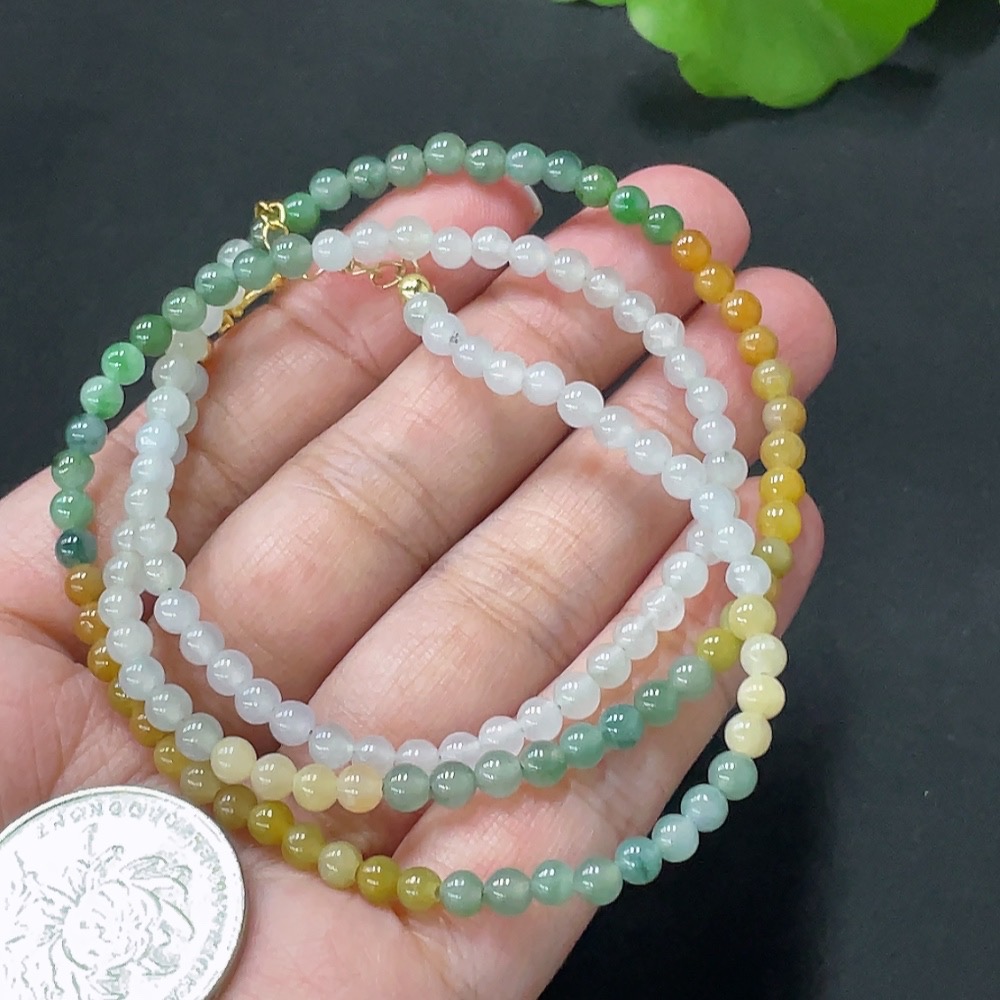 F20208019 Jadeite Beaded Necklace Approx. 3.9mm Card Yellow Beads Color Origin Undetermined Non-Gold Rope Clasp Total Weight 13.942g