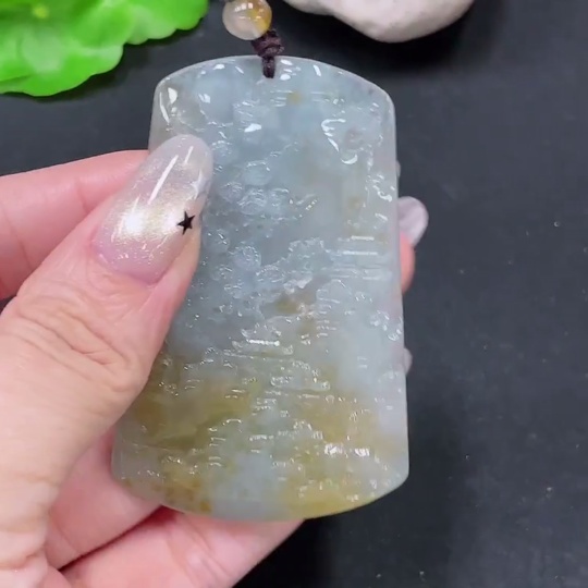 F34065616 Jadeite Landscape Pendant Total Weight Approx. 33.15g (Including Cord Weight) With Non-Grade A Beads