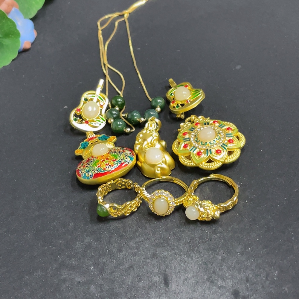 H33848033 Hetian Jade Inlaid Pendant, Brooch, Necklace, Adjustable Ring
