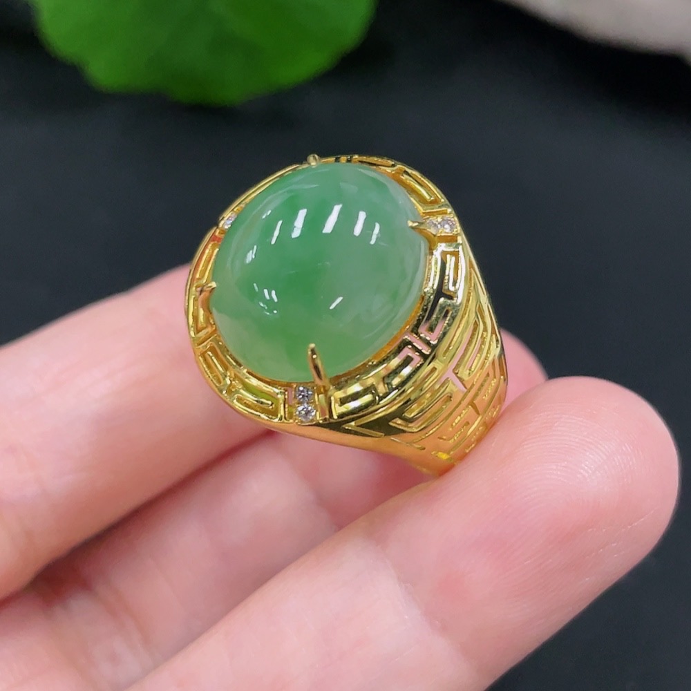 F31592767 Jadeite Cabochon Inlaid Ring 18K Gold Size 22 Total Weight Approx. 7.39g