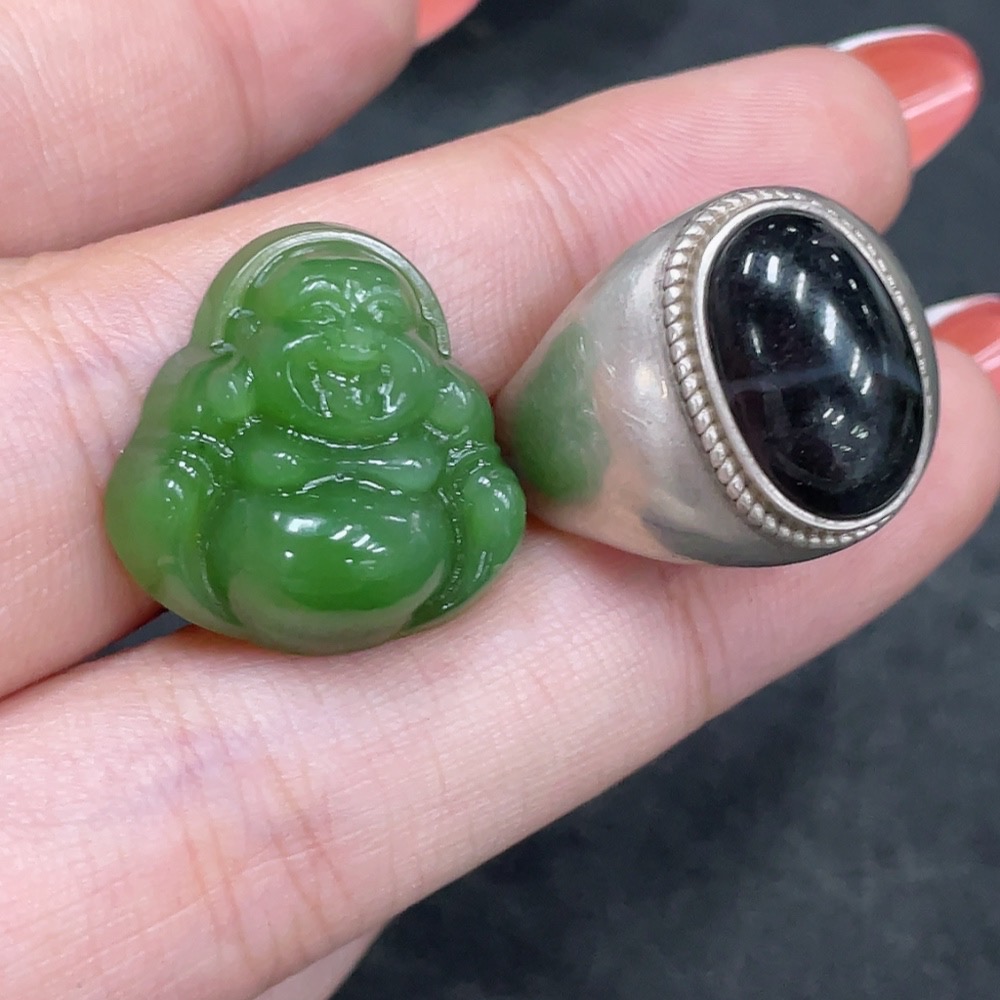 H34980229 Hetian Jade Pendant + Openable Inlaid Ring Non-Gold Total Weight Approx. 13.6g