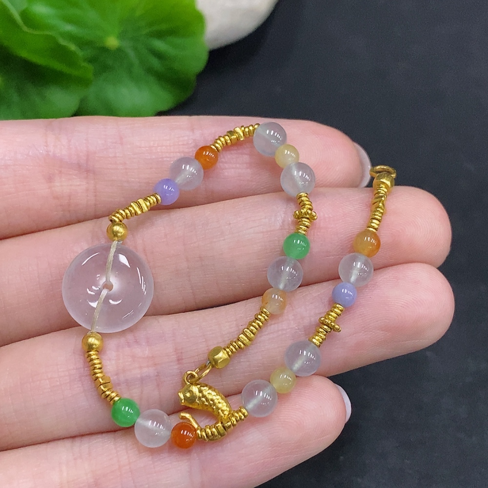 F34967858 Jadeite bracelet (No imprint, surface gold content Au99%) Total weight approx. 7.9g (Yellow and red color origin undetermined)