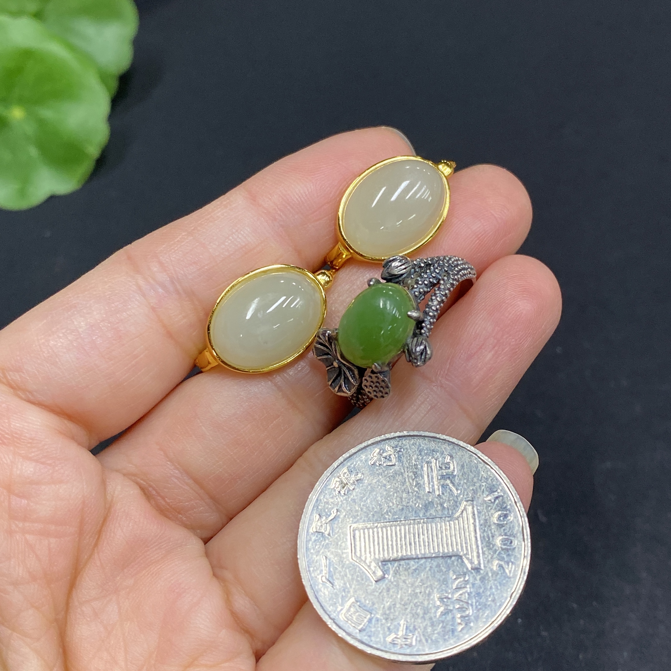 H33879541 Hetian Jade Inlaid Adjustable Ring Earrings Non-Gold Inlaid Total Weight Approx. 10.1g