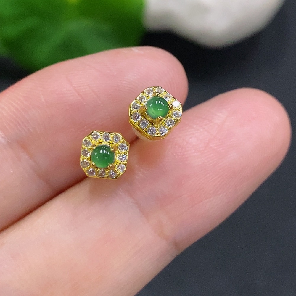 F34001329 Jadeite Cabochon Stud Earrings Non-Gold Setting Total Weight Approx. 0.7g