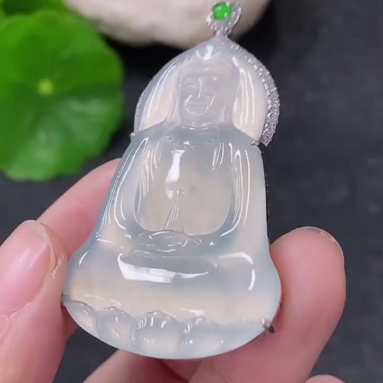 F32799247 Jadeite inlaid Guanyin pendant 18k with diamond accents, total product weight approximately 9.63g