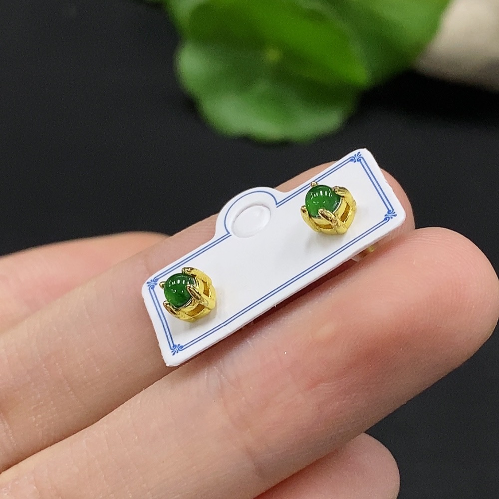 F34996123 Jadeite Cabochon Inlaid Earrings Non-Gold Inlaid Total Weight Approx.0.64g