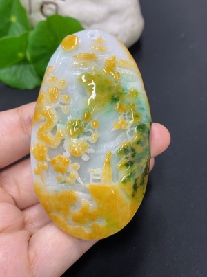F46556344 翡翠山水牌挂件 货品总重约87.1克（颜色成因未定）（含其他矿物成分）