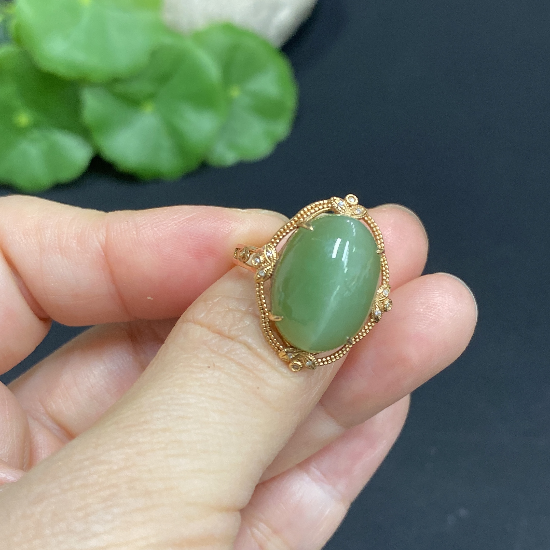 H34014389 Hetian Jade Inlaid Ring 18k Gold Size 15 Total Weight Approx. 3.2g