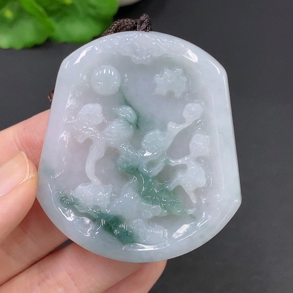 F24747910 Jadeite Magpie on Plum Branch Pendant Total Weight Approx. 33.1g (Including String Weight)