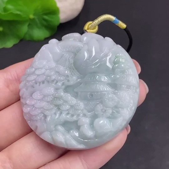 F34035503 Jadeite Landscape Pendant, Total Weight Approximately 70.8g (Including Rope)