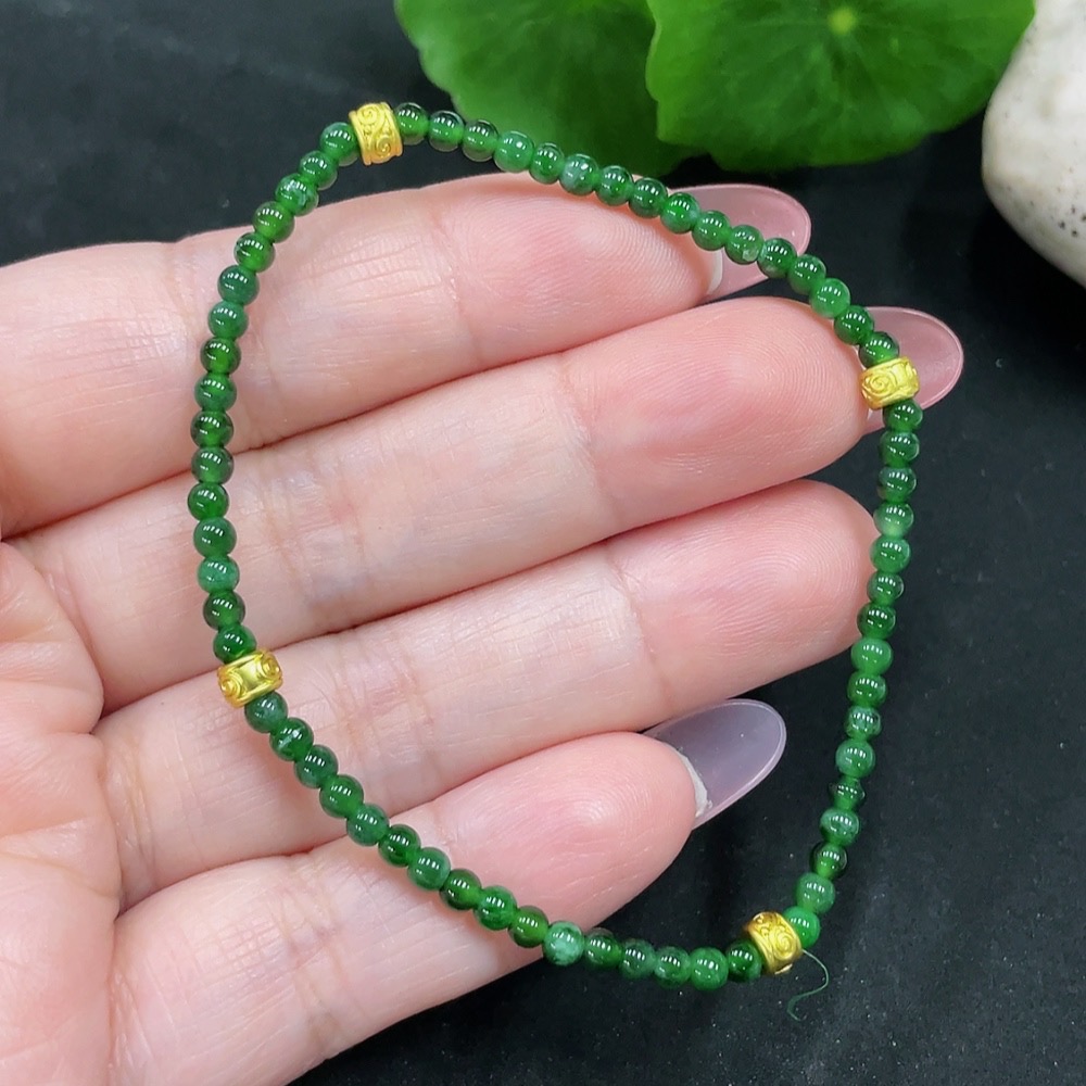 F34983096 Jadeite Bracelet Approx. 3mm Beads Total Weight Approx. 3.5g Non-gold Inlaid