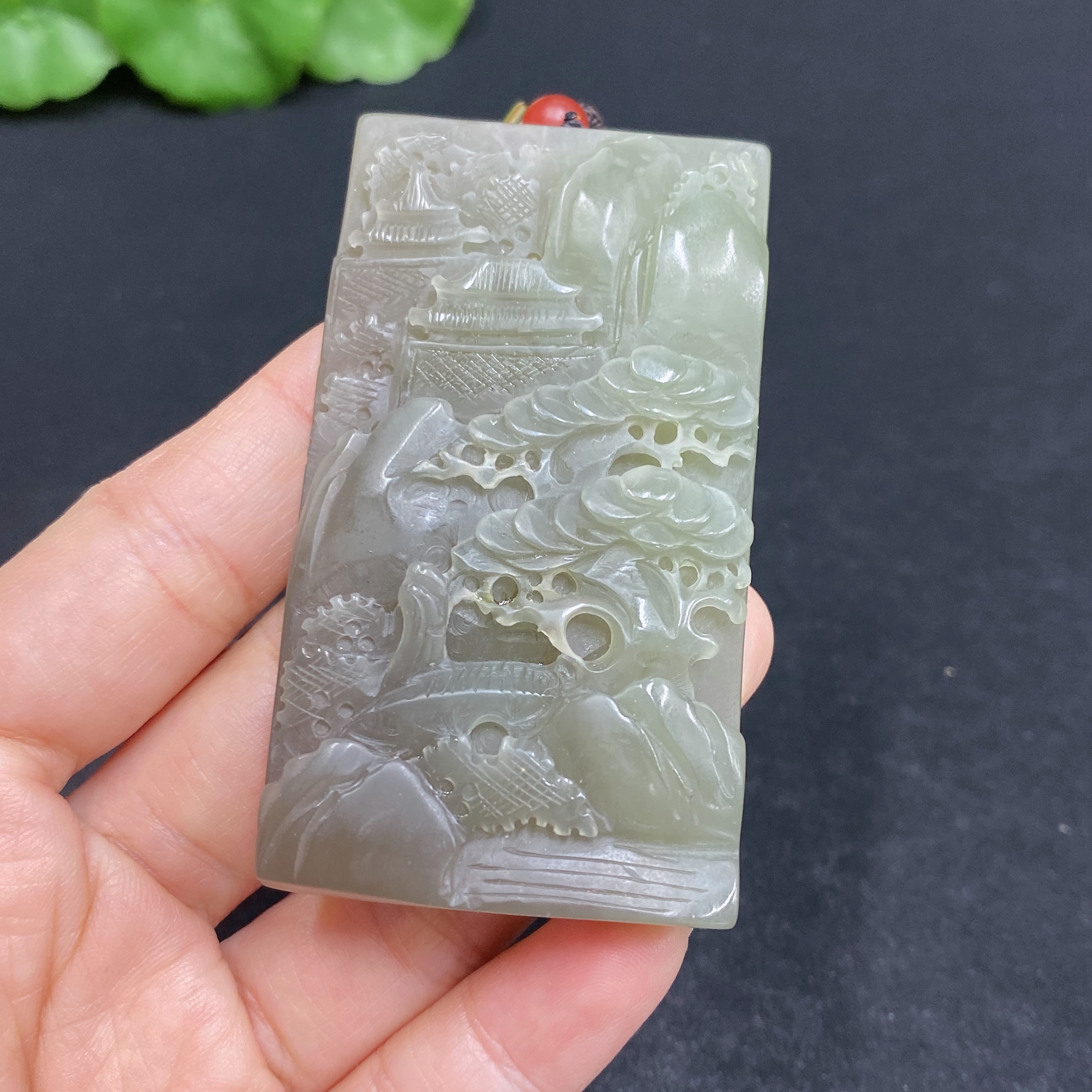 H31667452 Hetian Jade Pendant, Landscape Plaque, Total Weight (Including Rope) Approx. 66.9g