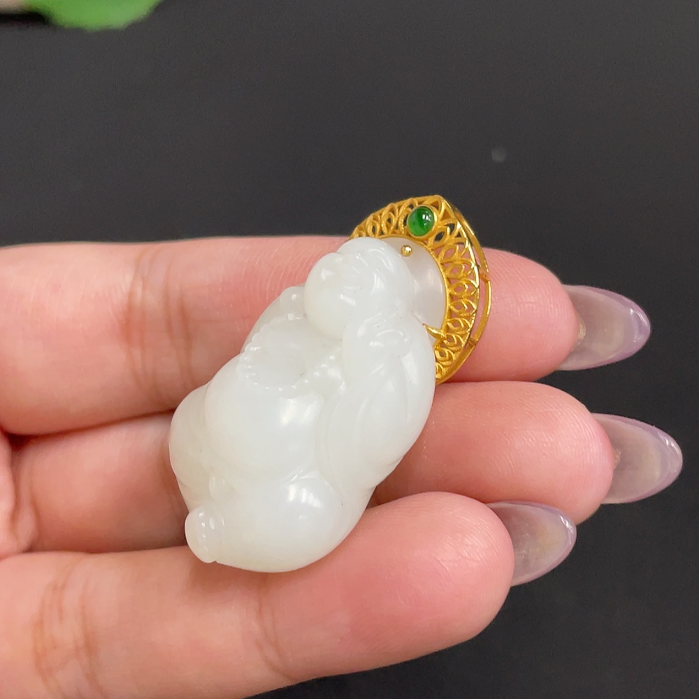 H33900891 Hetian Jade Inlaid Pendant - Buddha, Total Weight Approx. 19.5g, 18k, Beads Not Hetian Jade