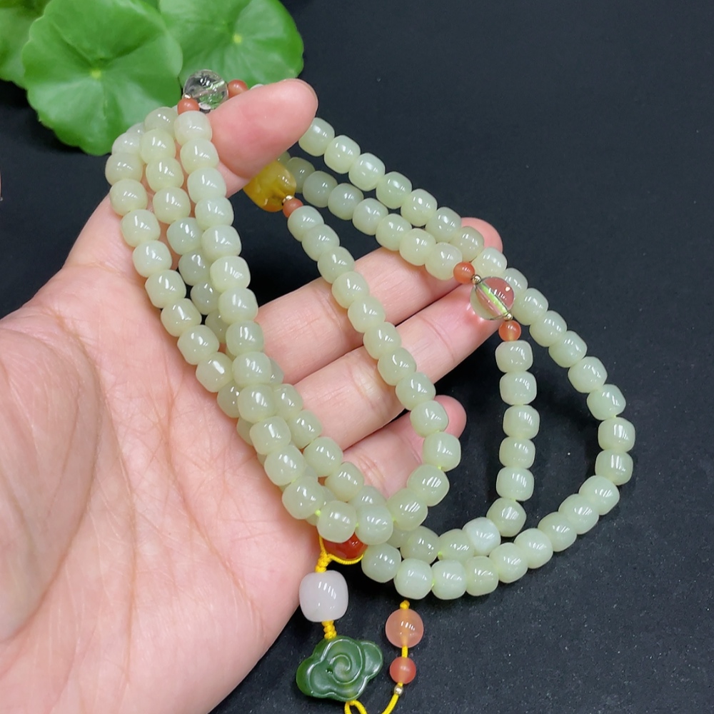 H34052799 Hetian Jade Bead Necklace, approx. 6.5mm, total weight about 61.8g, with crystal, amber, and Nanhong accessories, other accessories not Hetian Jade