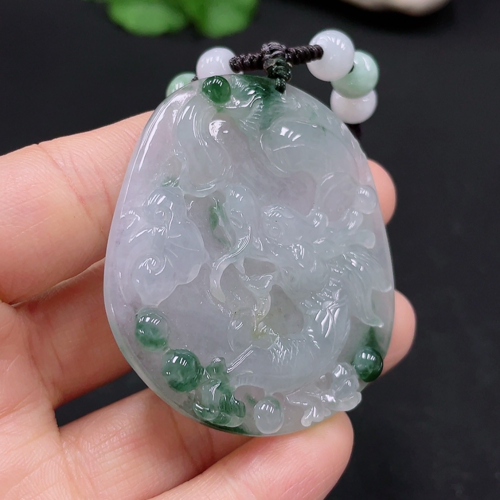 F25900418 Jadeite Dragon Pendant Total Weight Approx. 38.72g with Non-Grade A Beads