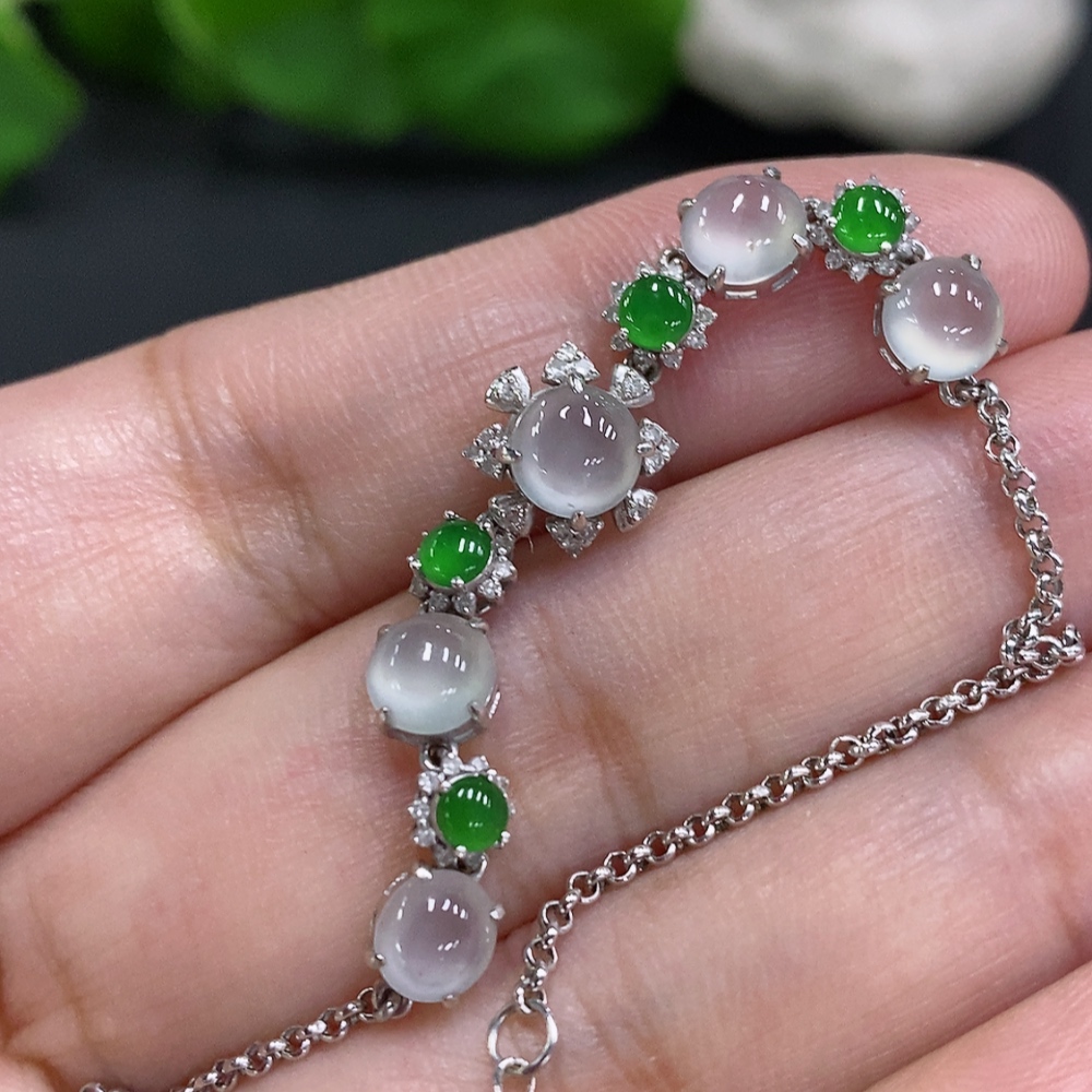 F33946170 Jadeite Cabochon Inlay Bracelet 18K Gold Total Weight Approx. 3.5g (With Diamond Accents)