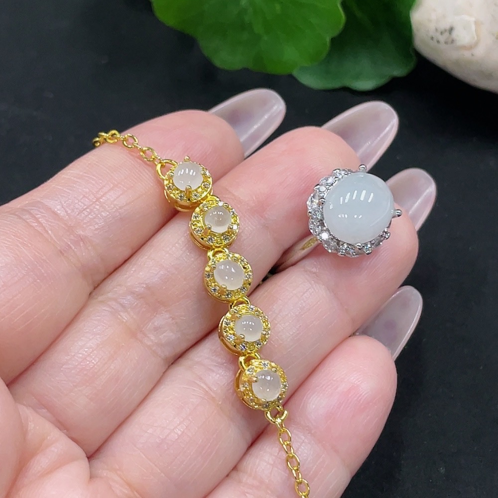 F34068921 Jadeite Inlaid Bracelet + Ring Sell as a Lot (Non-Gold Inlaid) (Adjustable)