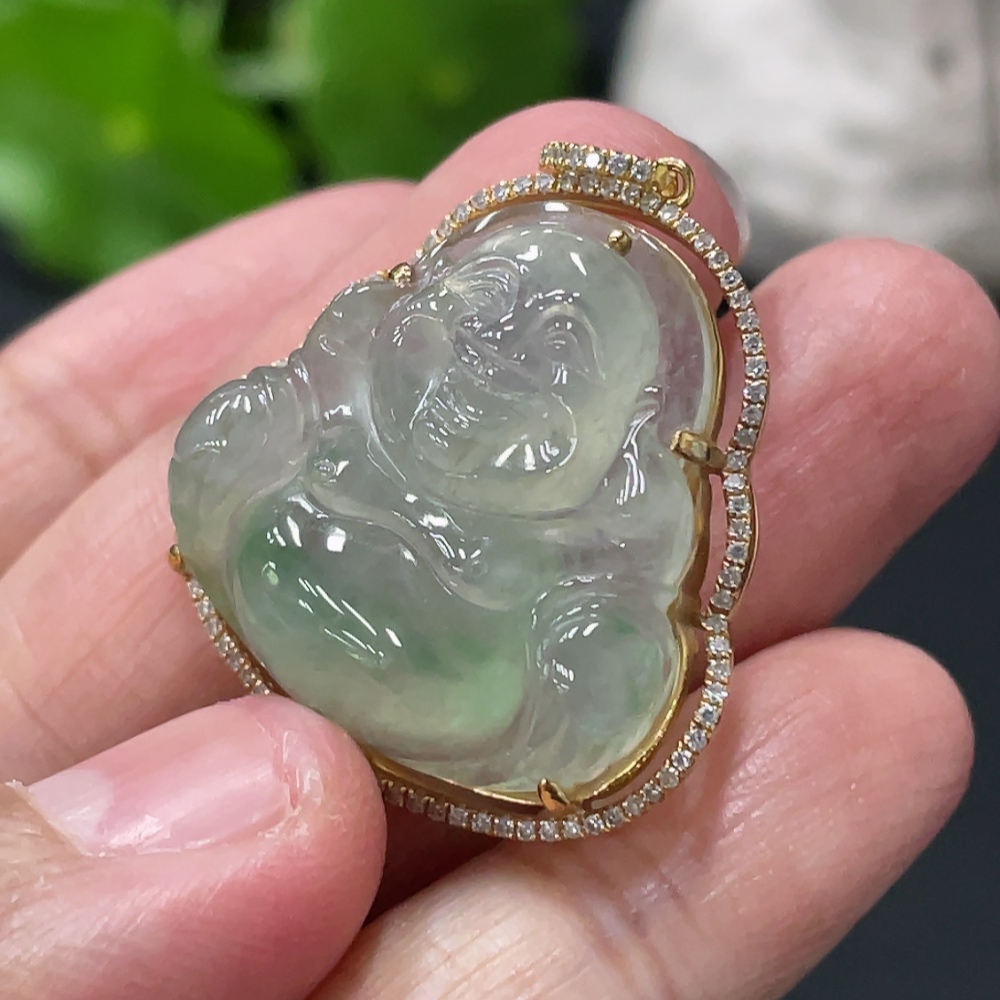 F33837840 JadeiteBuddha Pendant with 18K Gold Setting and Chain, Total Weight Approx. 10.6g, Accented with Diamonds