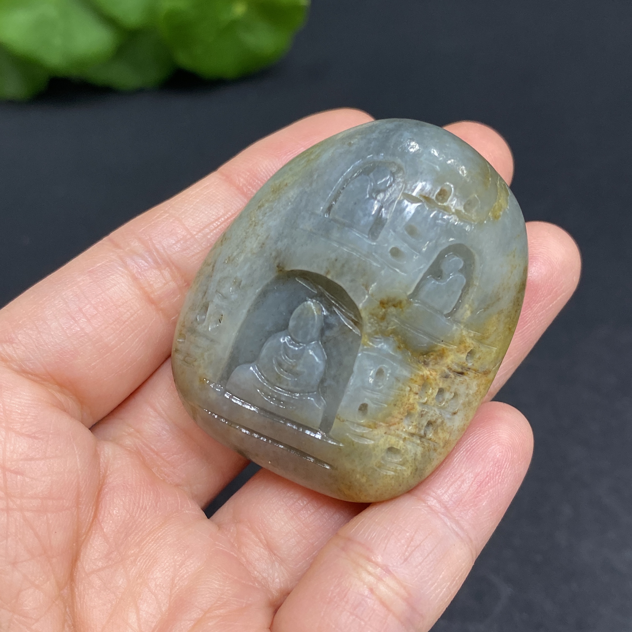 H29375711 Hetian Jade Pendant - Ten Thousand Buddha Grotto - Undetermined Skin Color Origin - Contains Other Mineral Components - Total Weight Approximately 54.2g