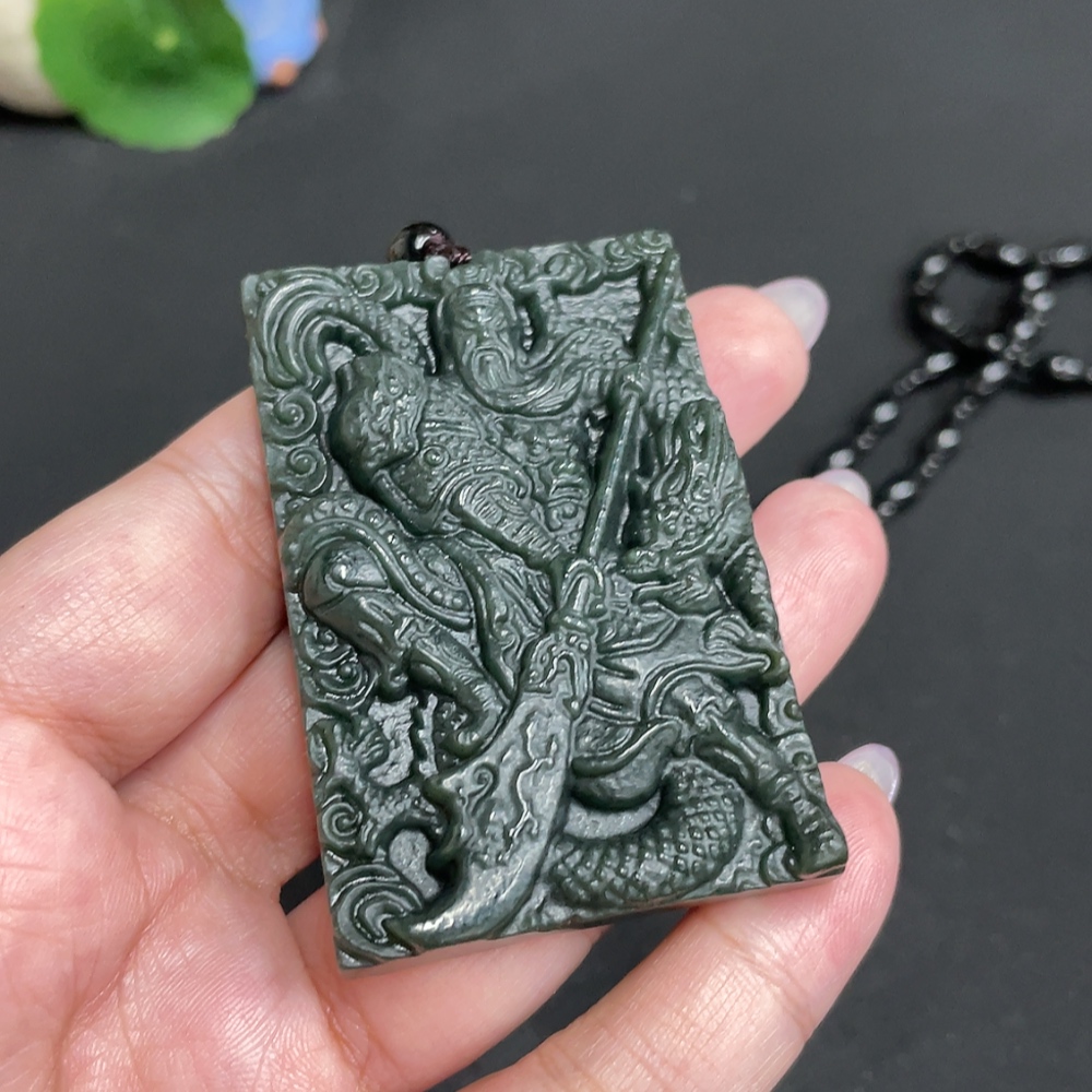 H33847703 Hetian Jade Pendant, Guan Gong, Total Weight Approx. 73g (including chain, chain not Hetian Jade)