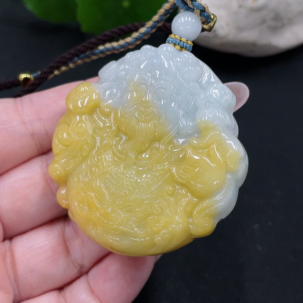 F35082311 Jadeite God of Wealth Pendant Total Weight Approx. 48.5g (Including Rope Weight)