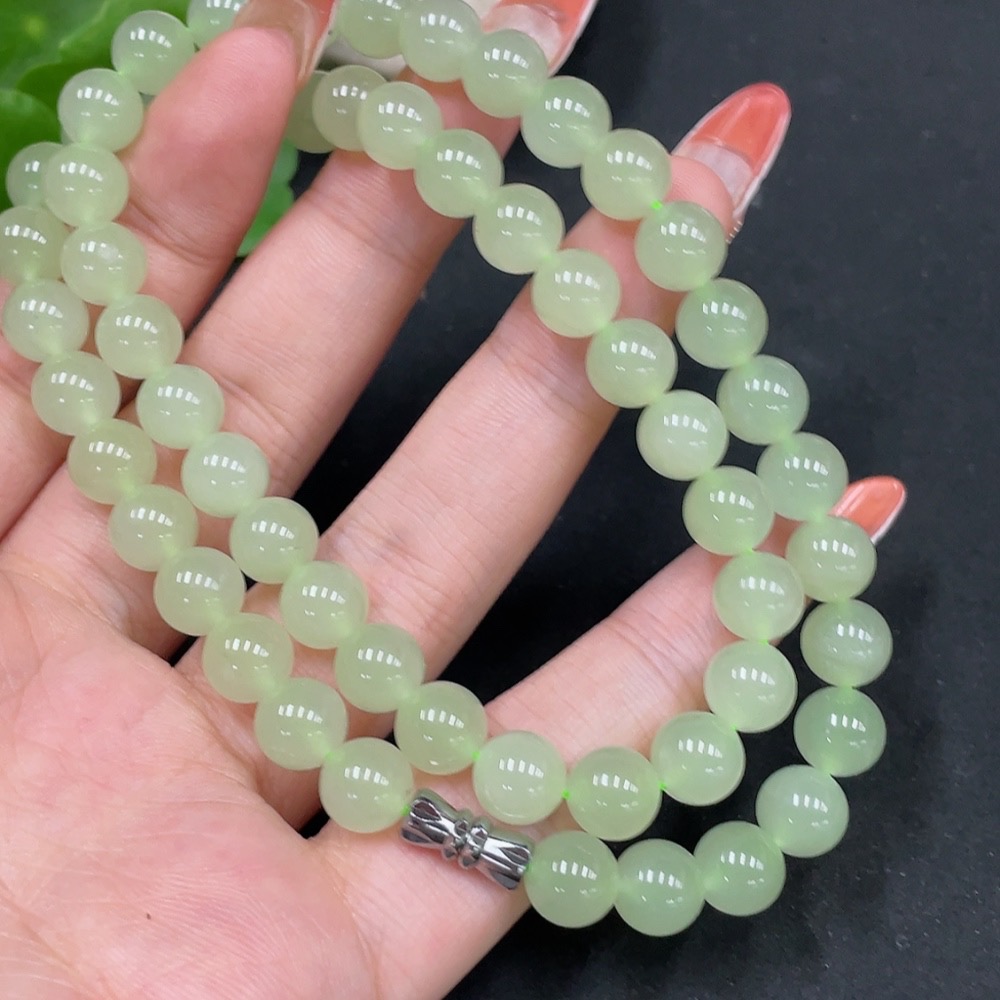 H35112120 Hetian Jade Bead Necklace Non-Gold Approximately 7.7mm Total Weight About 44.1g