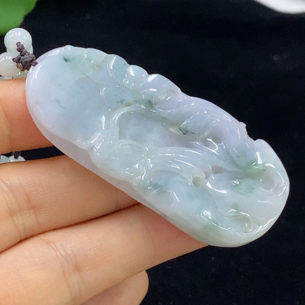 F34948284 Jadeite Flower and Bird Pendant with Chain, Total Weight Approximately 44.9g (Including Chain), Undetermined Cause of Yellow Bead Color