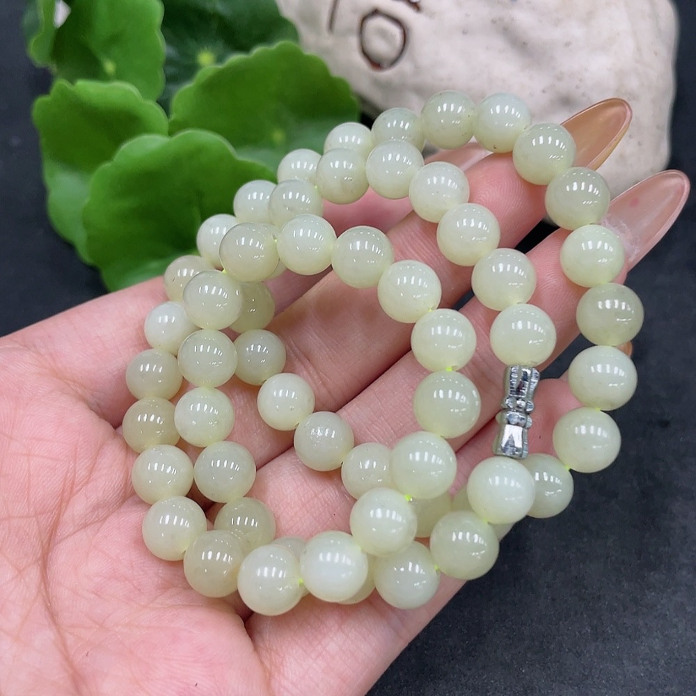 H32778242 Hetian Jade Bead Necklace Approx. 7.8mm Non-Gold Total Weight Approx. 44.4g