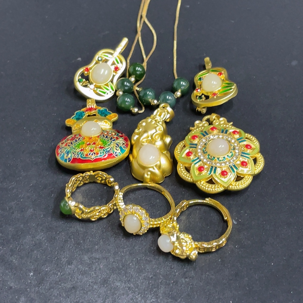 H33848033 Hetian Jade Inlaid Pendant, Brooch, Necklace, Adjustable Ring