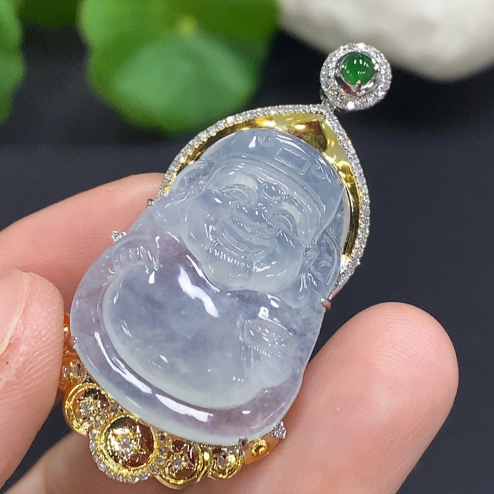F29410950 Jadeite God of Wealth Inlaid Pendant 18K Gold Total Weight Approx. 8.1g (with Diamond Accents)