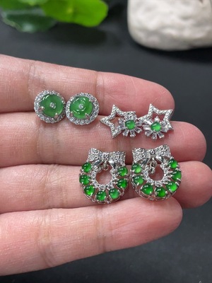 F33908895 Jadeite Inlaid Earrings Sell as a Lot Non-Gold