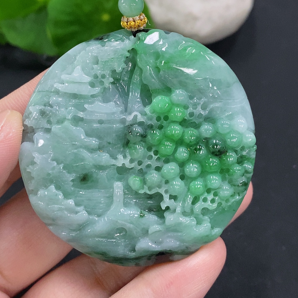 F34961325 Jadeite Landscape Pendant with Cord, Total Weight Approx. 56.6g
