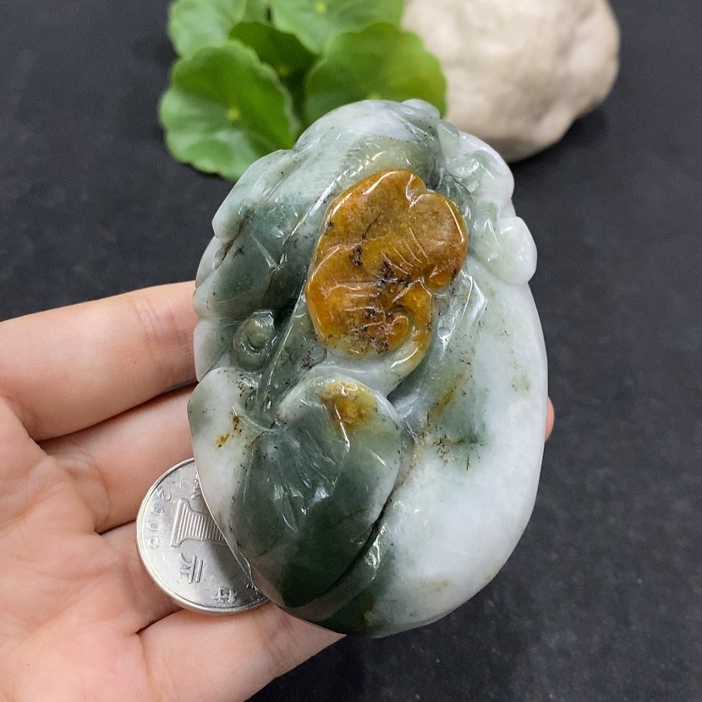 F34995567 Jadeite Handheld Carving 'Abundance Year after Year' with Yellow Part of Undetermined Color Origin, Total Weight Approx. 248.15g