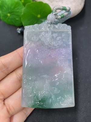 F40778793 翡翠挂件山水牌 货品总约重 含绳37.87g