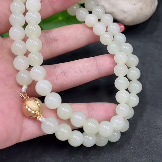 H34016810 Hetian Jade Bead Necklace, Approx. 8.1mm, Non-Gold Inlaid, Total Weight Approx. 52.9g