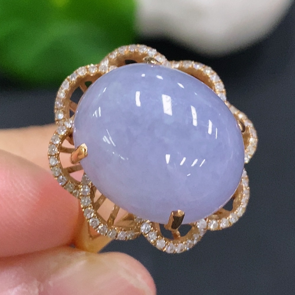 F34001323 Jadeite Cabochon Ring 18k Gold Total Weight Approx. 8.7g Size 17 with Diamond Accents
