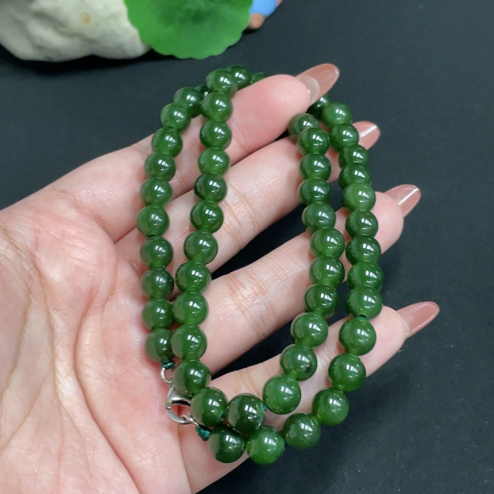 H35100280 Hetian Jade Jasper Bead Necklace, Approx. 8mm, Non-Gold Inlaid, Total Weight Approx. 45.9g