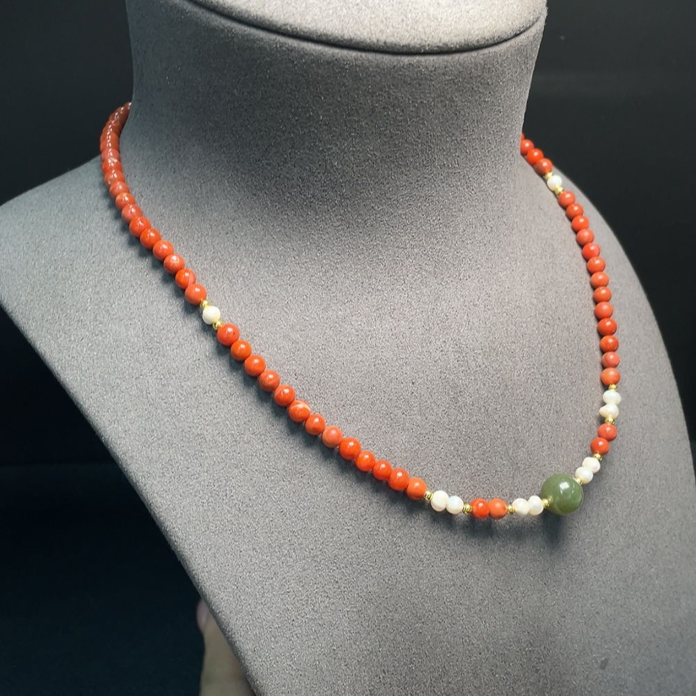 C34993148 Red Agate Bead Necklace with Visible Organic Matter, Total Weight Approx. 14.33g, Size Approx. 4.6mm, Non-Gold, Paired with Pearls and Hetian Jade