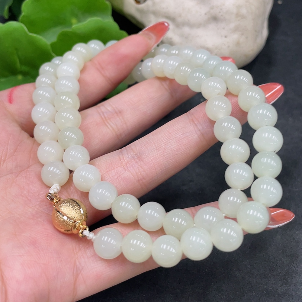 H34016810 Hetian Jade Bead Necklace, Approx. 8.1mm, Non-Gold Inlaid, Total Weight Approx. 52.9g