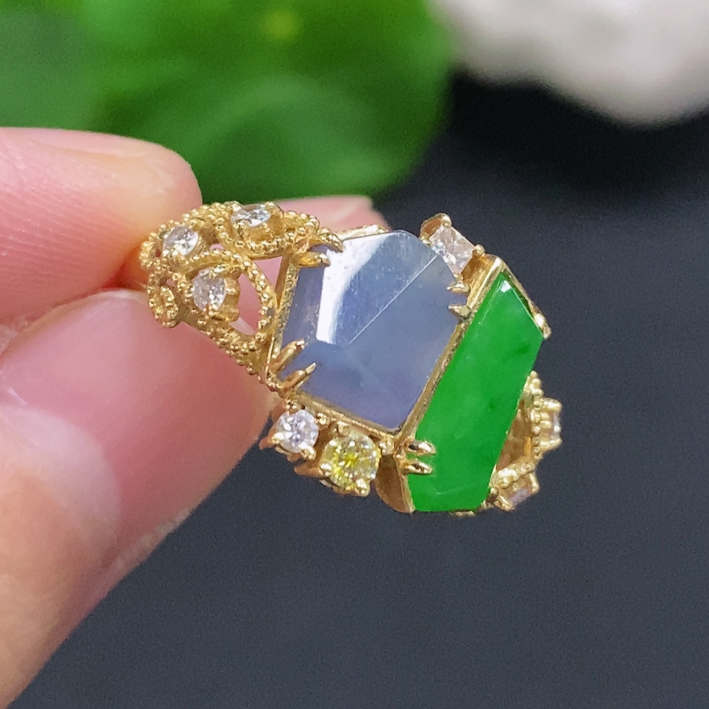 F33932348 Jadeite Inlaid Ring 18K Gold Size 15 Total Weight Approx. 5.2g (Colorless Matching Stones Are Diamonds)