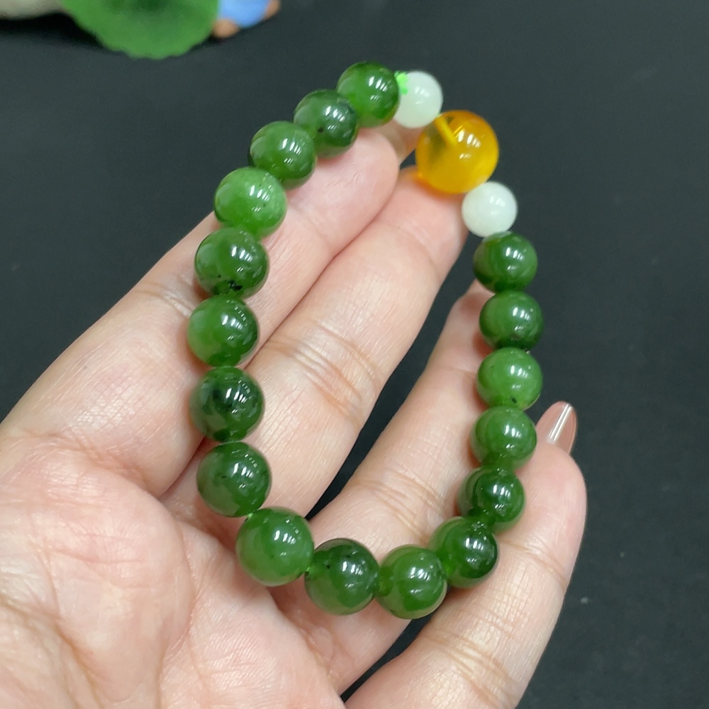 H35118682 Hetian Jade Jasper Bead Bracelet, approx. 9.2mm, total weight approx. 25.4g, containing other mineral components, paired with amber